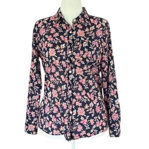 Gap Semi-Sheer Country Western Floral Button Up Shirt Women's Size L Navy & Pink